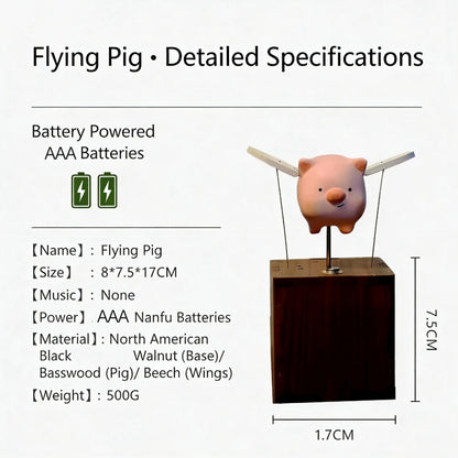 Handcrafted Woonden Flying Pig Automaton