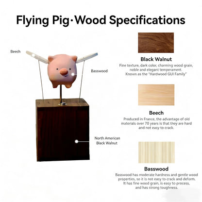 Handcrafted Woonden Flying Pig Automaton