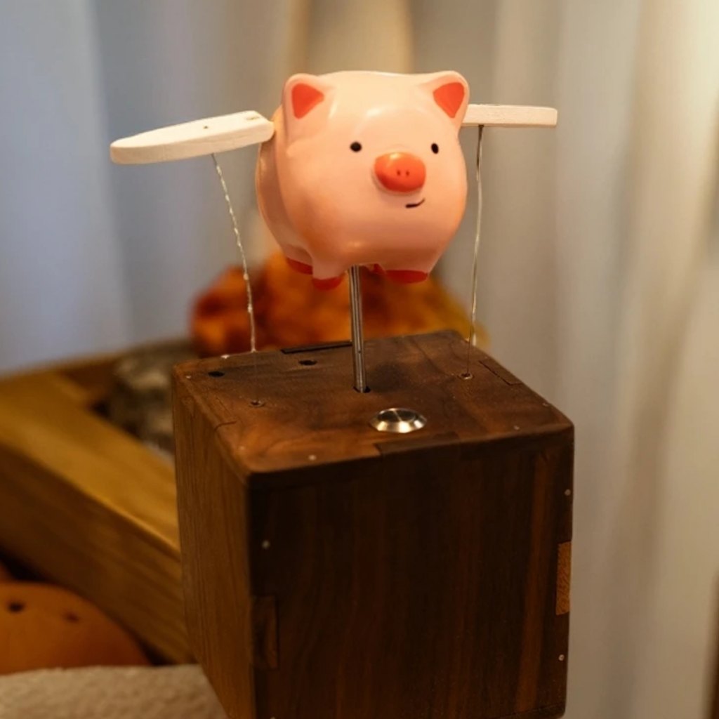 Handcrafted Woonden Flying Pig Automaton