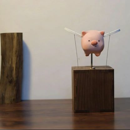Handcrafted Woonden Flying Pig Automaton