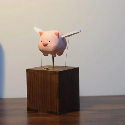 Handcrafted Woonden Flying Pig Automaton