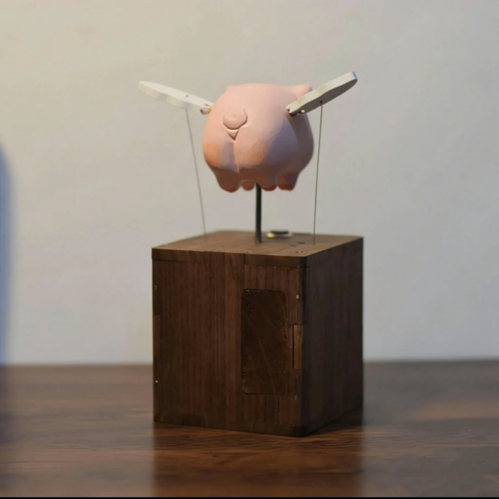 Handcrafted Woonden Flying Pig Automaton