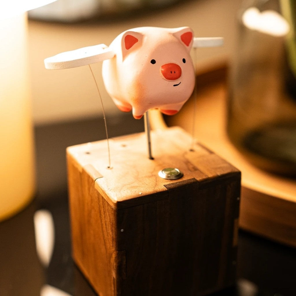 Handcrafted Woonden Flying Pig Automaton
