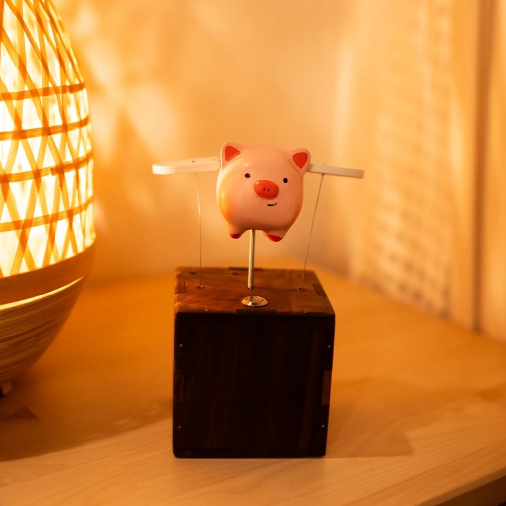 Handcrafted Woonden Flying Pig Automaton