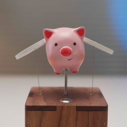 Handcrafted Woonden Flying Pig Automaton